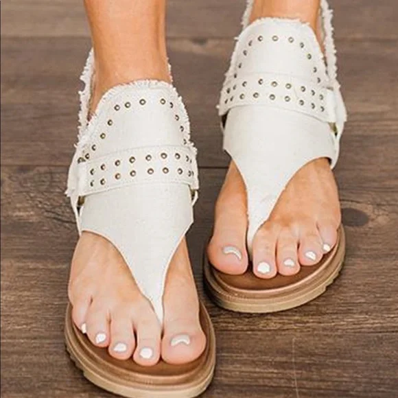 🩴 White Buckle Flip-Flops Canvas Flat Heel🩴 - Picture 5 of 5